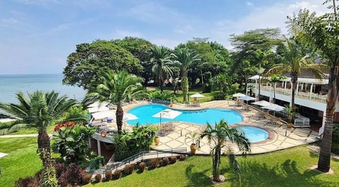 Aerial view of a beachfront resort with blue swimming pool, palm trees, tropical gardens, and white buildings overlooking turquoise ocean