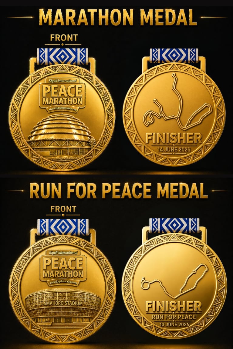 Two gold marathon medals displayed front and back showing Peace Marathon and Run for Peace designs with blue geometric ribbons